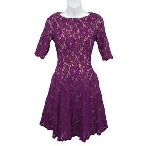 ML Monique Lhuillier Like Candy Dress 6 Lace Crew Neck 3/4 Sleeve Fit & Flare